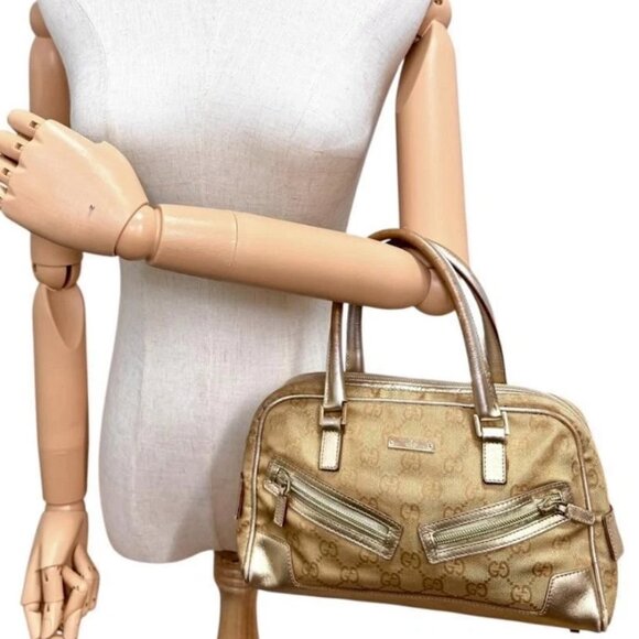 SALE! Vintage Gucci Princy GG Logo Gold Bowler Boston Bag Satchel Canvas Leather - Picture 2 of 16